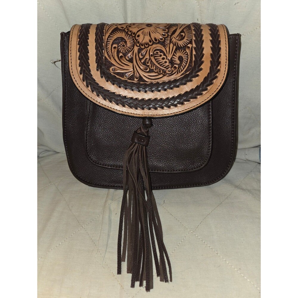SVK978 Purse Tooled Leather Flap with Tassel Dark Brown Crossbody Handbag